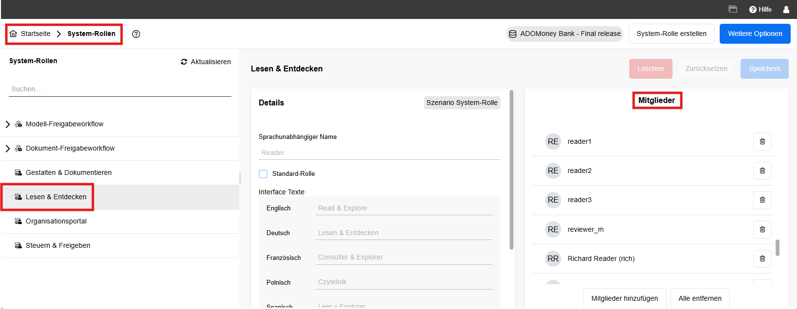 Zu Systemrollen zugewiesene Mitglieder