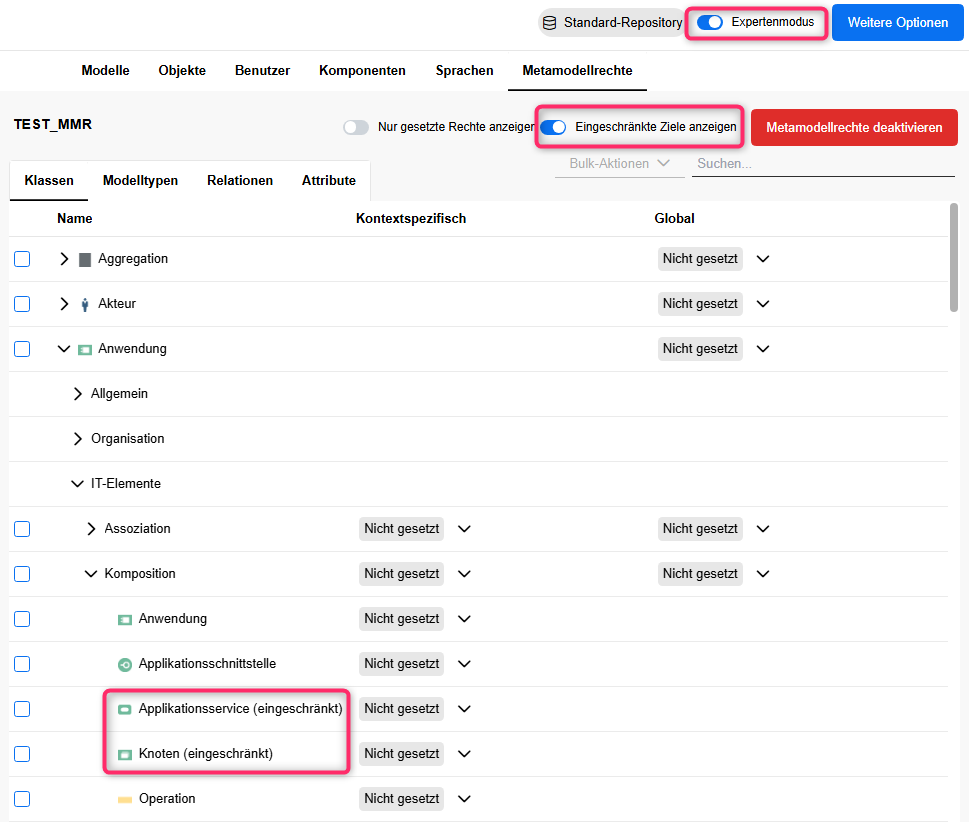 Eingeschränkte Ziele anzeigen