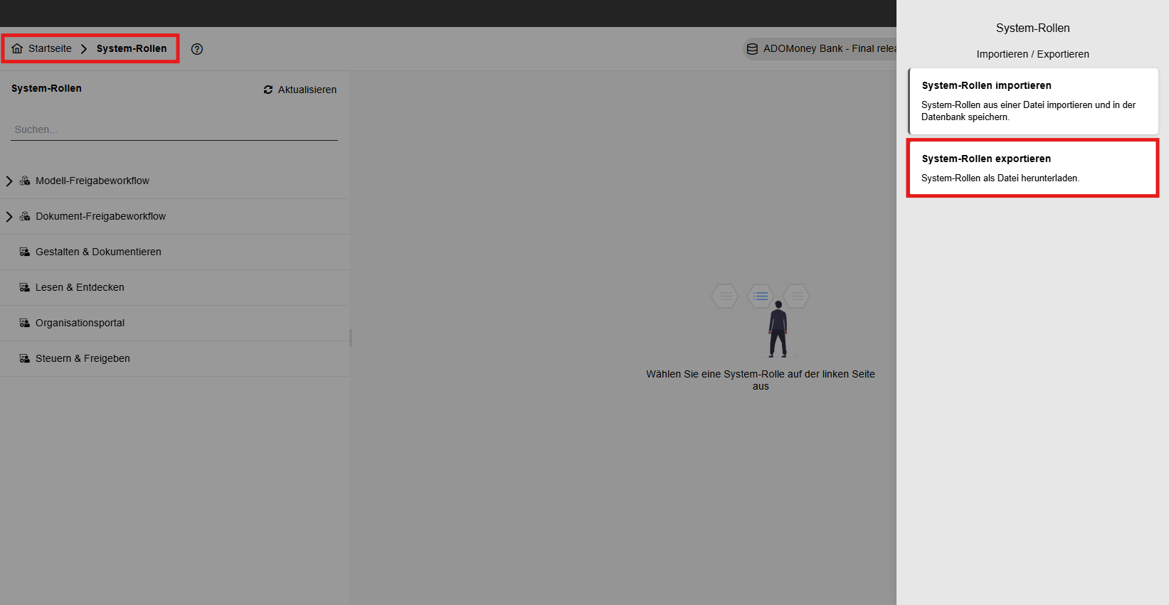 Exportaktion für System Roles