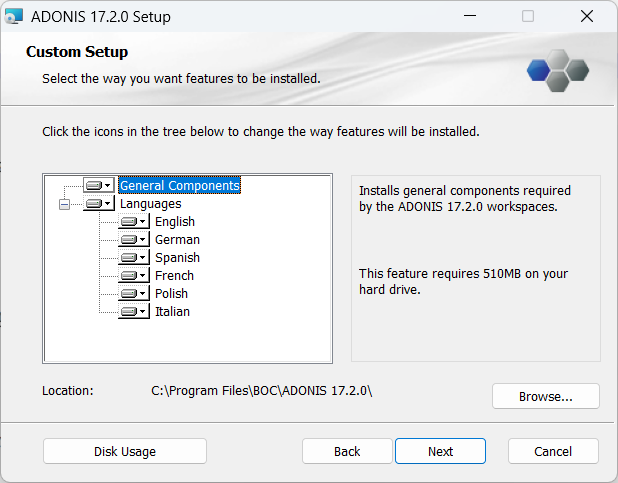 Installing ADONIS (2) - selection of components