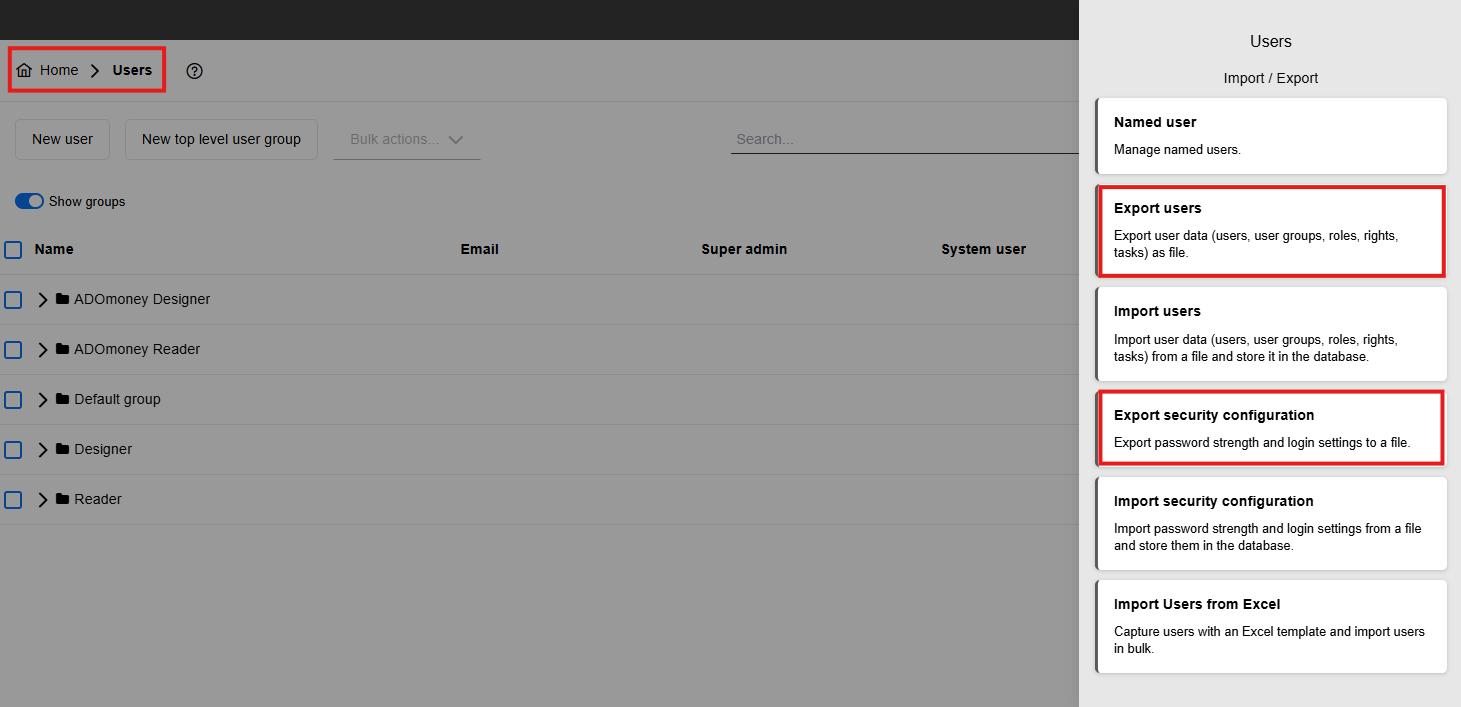 Users export and security configuration actions