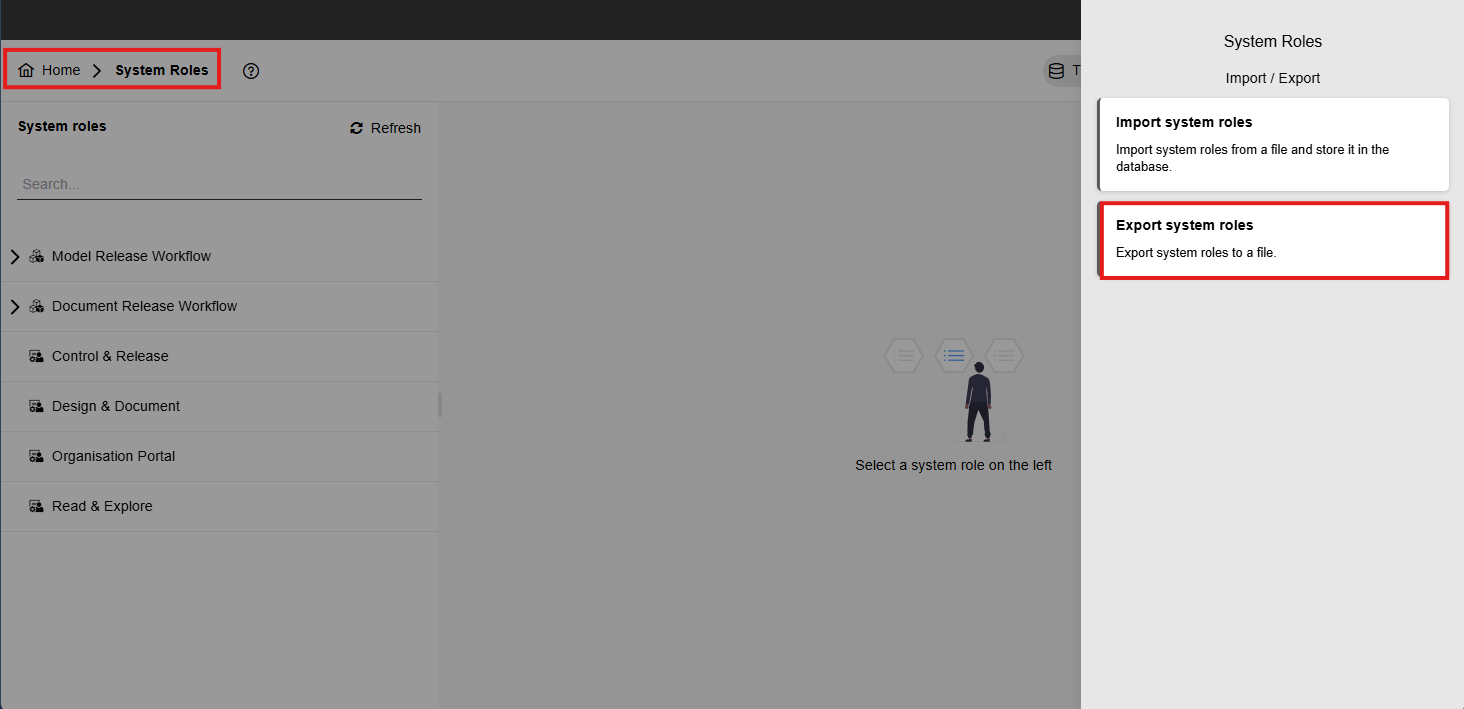 System roles export action