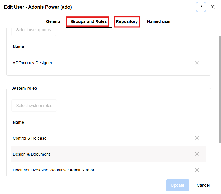 Sample user with groups, roles, and repository assignment