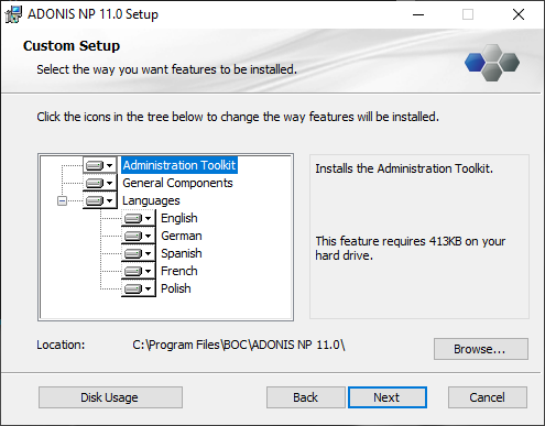  Installing ADONIS NP (2) - selection of components
