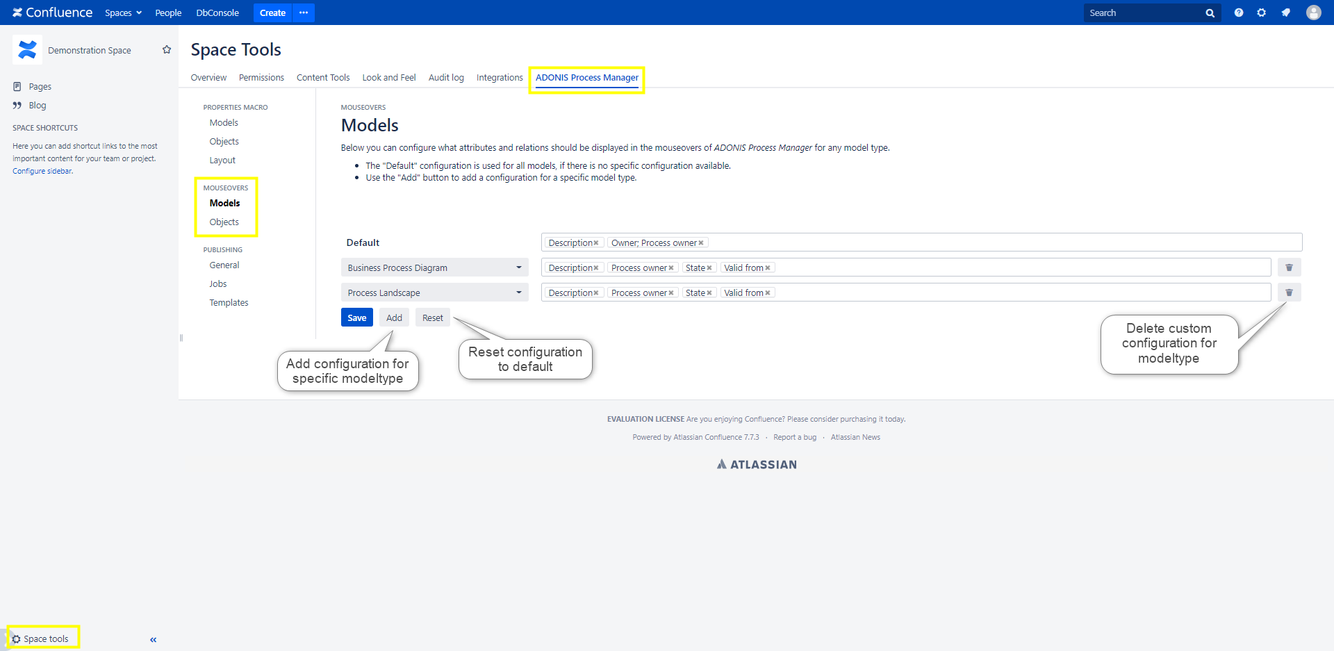 Tooltips and Mouseover configuration for Models in the Confluence Space Tools