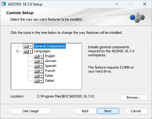 Installing ADONIS (2) - selection of components