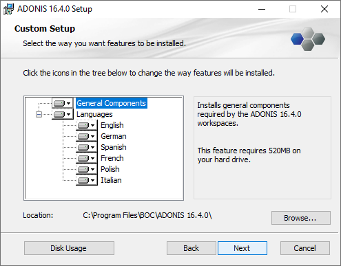  Installing ADONIS (2) - selection of components