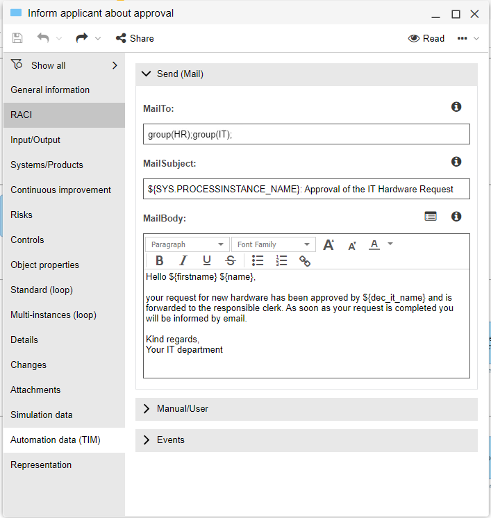 Set mail node properties