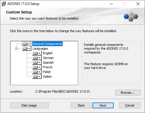  Installing ADONIS (2) - selection of components