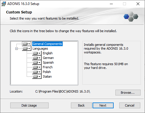  Installing ADONIS (2) - selection of components