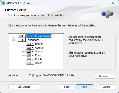  Installing ADONIS (2) - selection of components