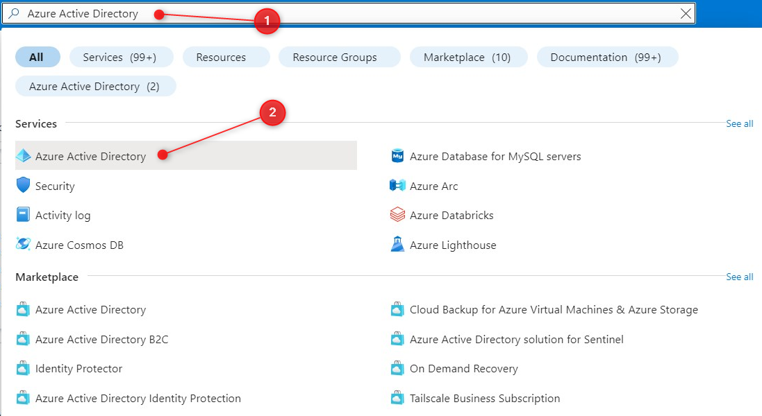 Use the search bar to search for &quot;Azure Active Directory&quot;