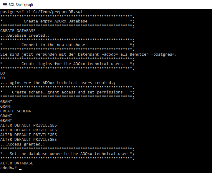 Execute script prepareDB.sql