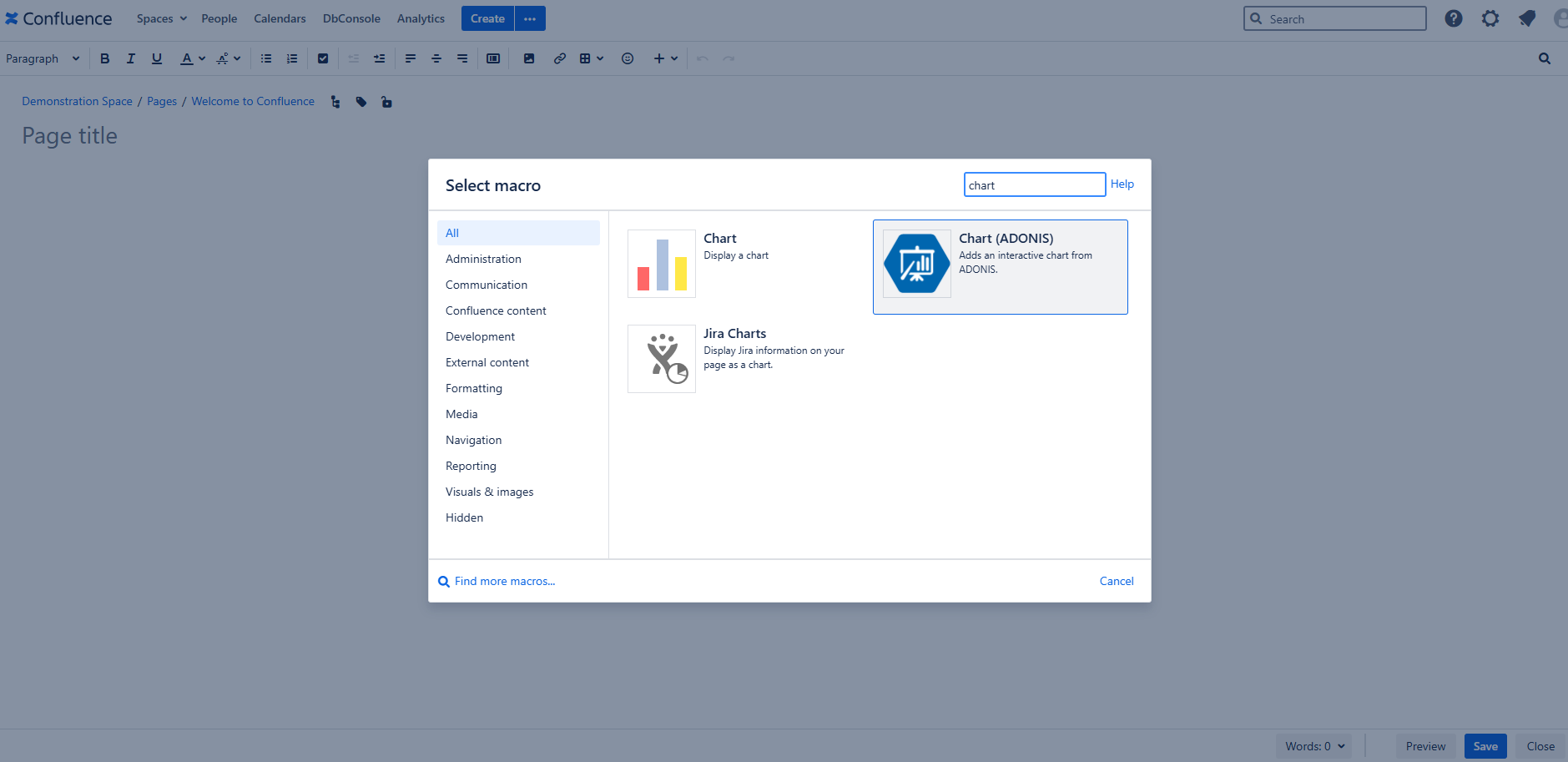 Select ADONIS Chart macro Select ADONIS Chart macro - select macro view in Confluence