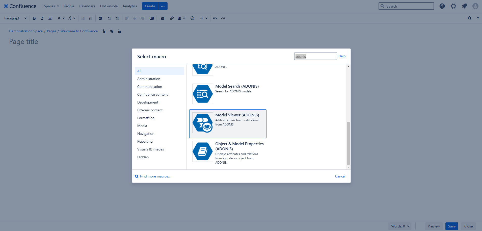 Select ADONIS Model Viewer macro Select ADONIS Model Viewer macro - select macro view in Confluence