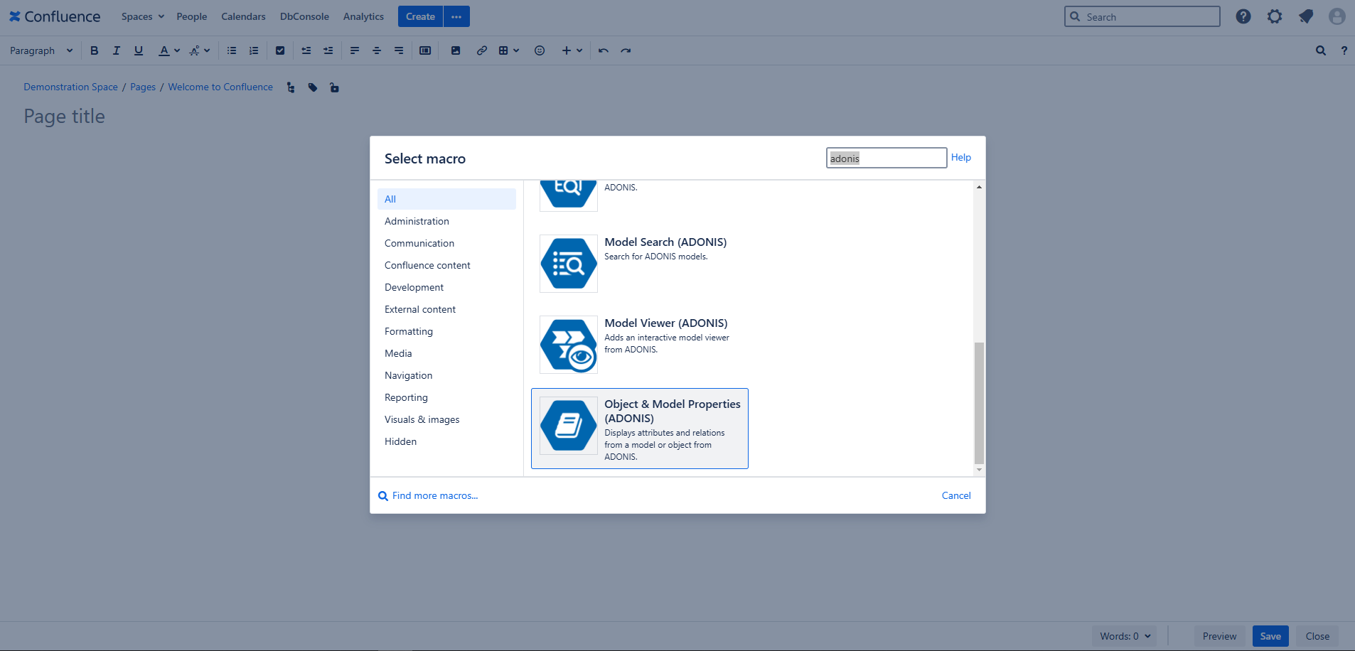 Select ADONIS Object & Model Properties macro Select ADONIS Object & Model Properties macro - select macro view in Confluence