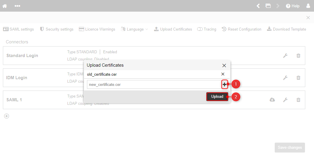 The image shows the option to upload certificates